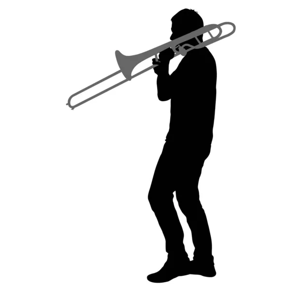 Silhouet van muzikant die trombone speelt op een witte achtergrond — Stockvector