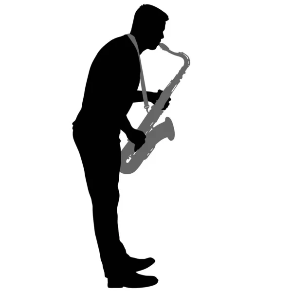 Silueta de músico tocando el saxofón sobre un fondo blanco — Vector de stock