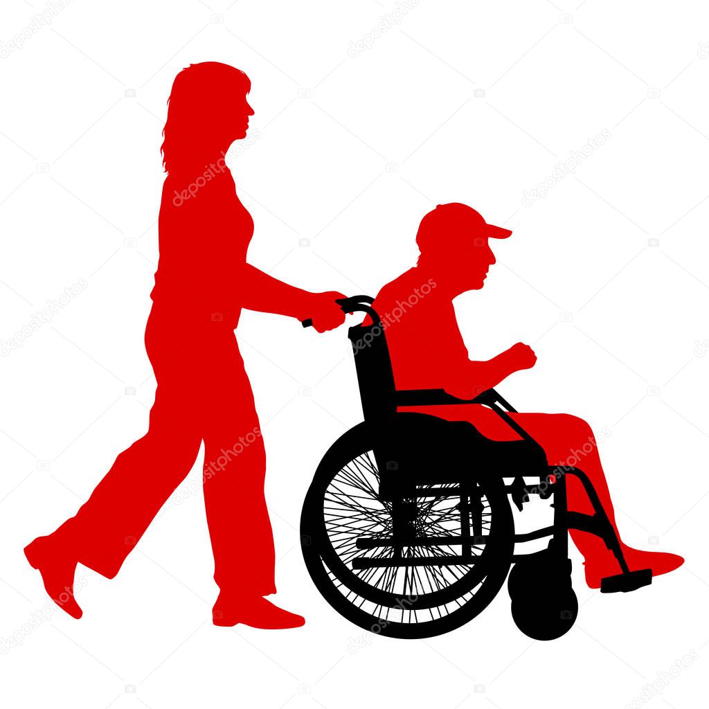 Silhouettes disabled in a wheel chair on a white background