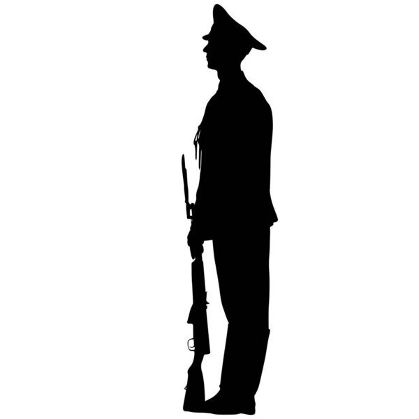 Black silhouette soldier is standing with arms on parade