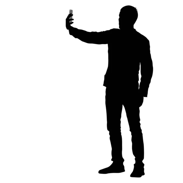 Silhouettes man taking selfie with smartphone on white background. Vector illustration — Stock Vector