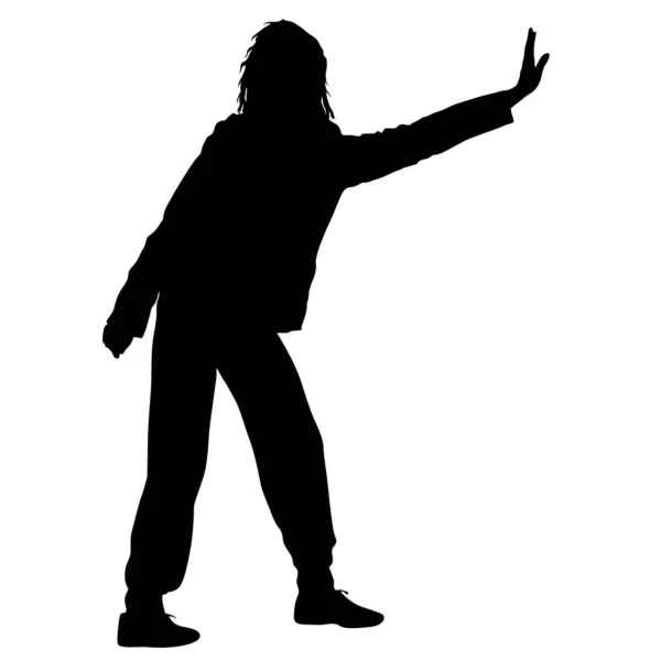 Silhouette noire femme debout avec bras levé, personnes sur fond blanc — Image vectorielle