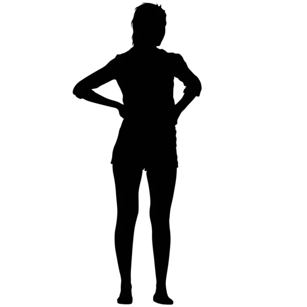 Nero silhouette donna in piedi, persone su sfondo bianco — Vettoriale Stock