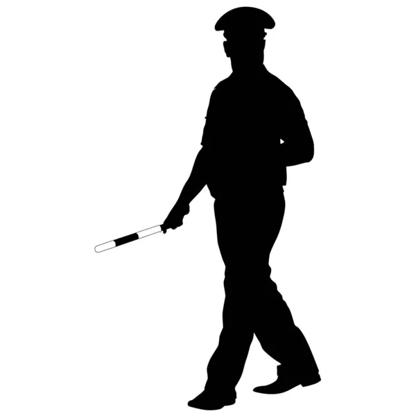 Svarta silhuetter av polis med ett spö på vit bakgrund — Stock vektor