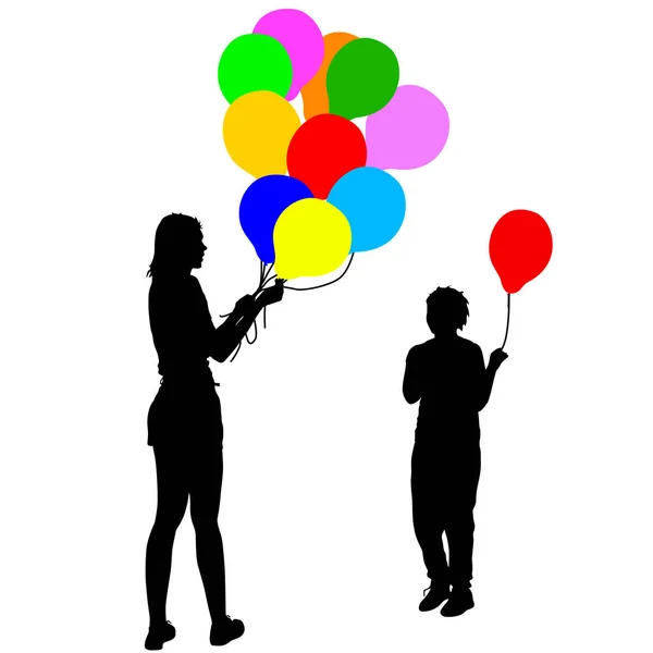 Svarta silhuetter av kvinna ger barn en ballong. Vektorillustration — Stock vektor