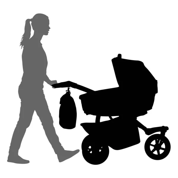 Svarta silhuetter familj med barnvagn på vit bakgrund. Vektorillustration — Stock vektor