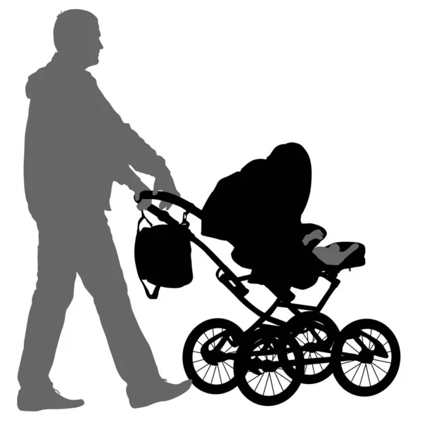 Svarta silhuetter far med barnvagn på vit bakgrund. Vektorillustration — Stock vektor