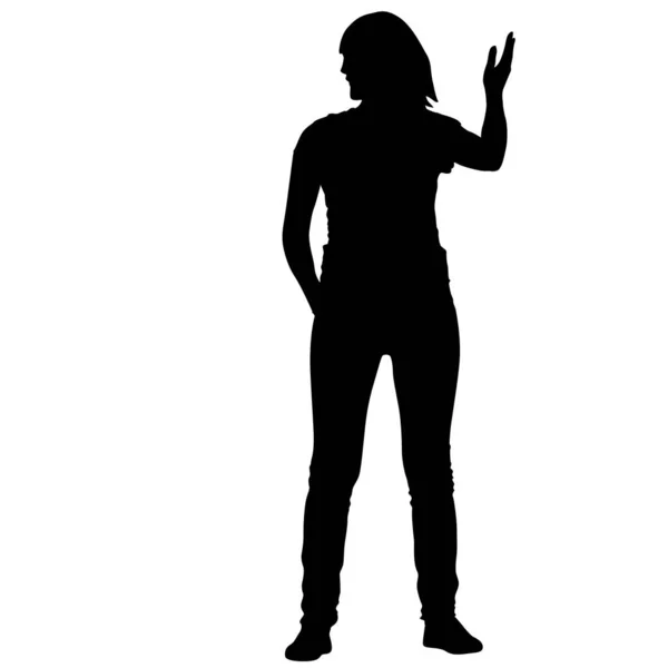 Silhouette noire femme debout, personnes sur fond blanc — Image vectorielle