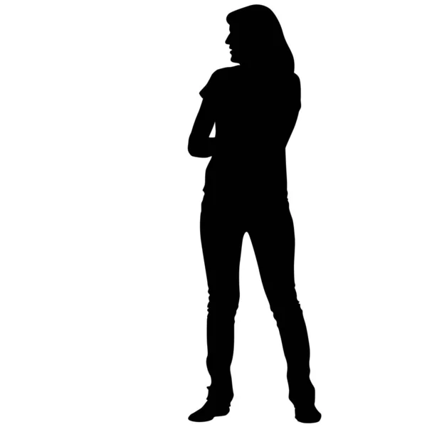 Černá silueta ženy stojící, lidé na bílém pozadí — Stockový vektor