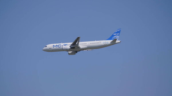 Moscow Russia Zhukovsky Airfield 31 August 2019: Irkut MS-21 new Russian civil airliner the international aerospace salon MAKS-2019