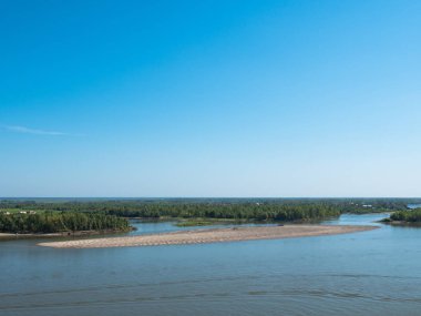 Yeşil bir ormanda nehir akıyor. Doğal arka plan.