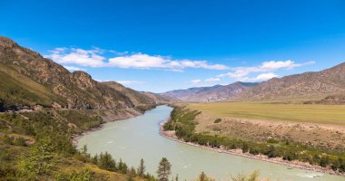 Dalgalar, sprey ve köpük, Altai dağlarında Katun nehri. Sibirya, Rusya