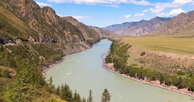 Dalgalar, sprey ve köpük, Altai dağlarında Katun nehri. Sibirya, Rusya