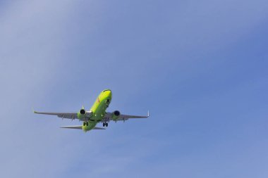 Uçak beyaz bulut bir arka plan karşı uçar