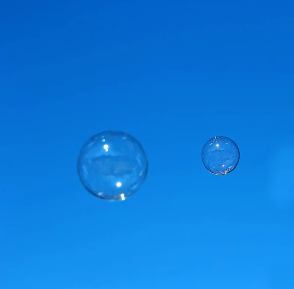 Zeepbel die tegen de blauwe lucht vliegt — Stockfoto