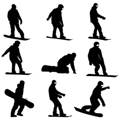 Beyaz arka plan üzerinde siyah siluetler snowboard ayarla