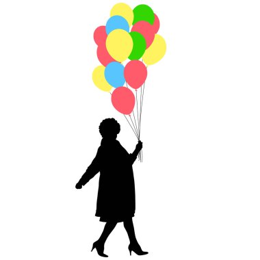 Beyaz bir arka plan üzerinde elinde balonlar ile bir kızın silueti