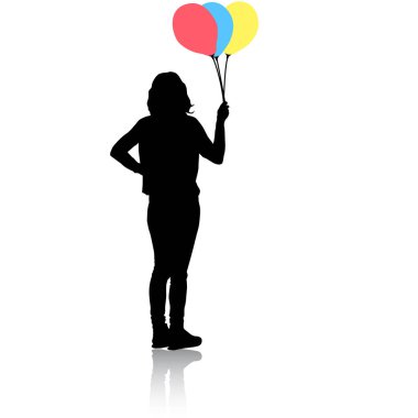 Beyaz bir arka plan üzerinde elinde balonlar ile bir kızın silueti