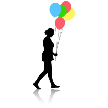 Beyaz bir arka plan üzerinde elinde balonlar ile bir kızın silueti