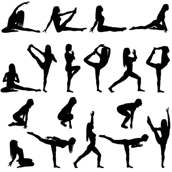 Definir silhueta menina na aula de ioga em pose em um fundo branco —  Vetores de Stock