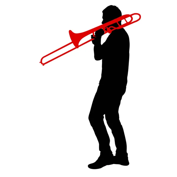 Silhouette del musicista che suona il trombone su sfondo bianco — Vettoriale Stock