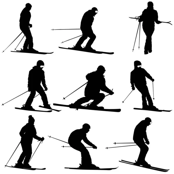 Set ski de montagne excès de vitesse sur la pente sport silhouette — Image vectorielle