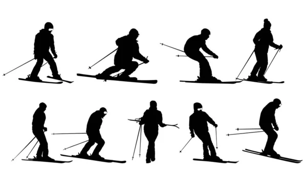 设置山地滑雪者加速斜坡运动剪影 — 图库矢量图片