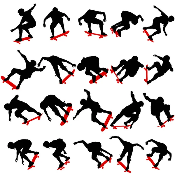 Набор ilhouettes скейтбордист выполняет прыжки — стоковый вектор
