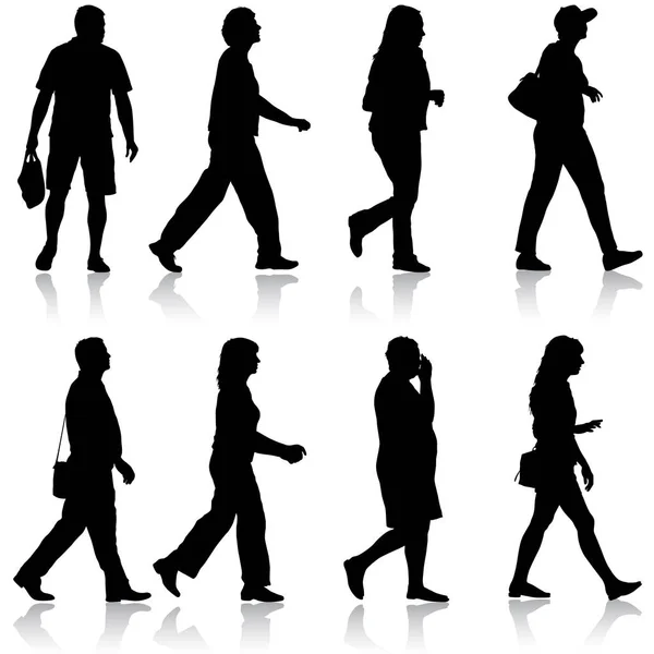 Set silhouette noire homme et femme debout, les gens sur fond blanc — Image vectorielle