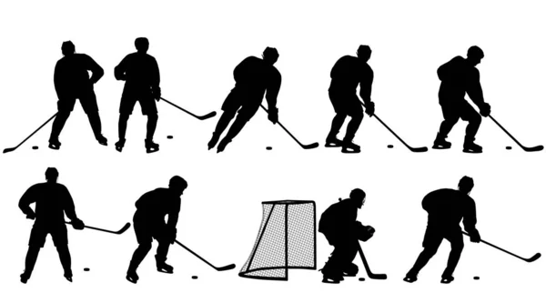 冰球运动员在白色上孤立的剪影集 — 图库矢量图片