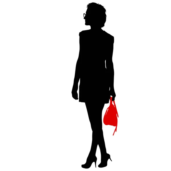 Black silhouette woman standing with a handbag, people on white background — Stock Vector