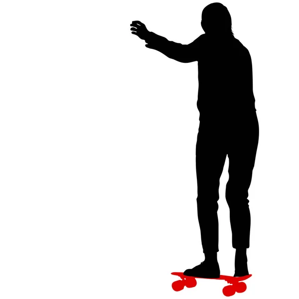 Zwarte silhouet vrouw op een skateboard, mensen op witte achtergrond — Stockvector