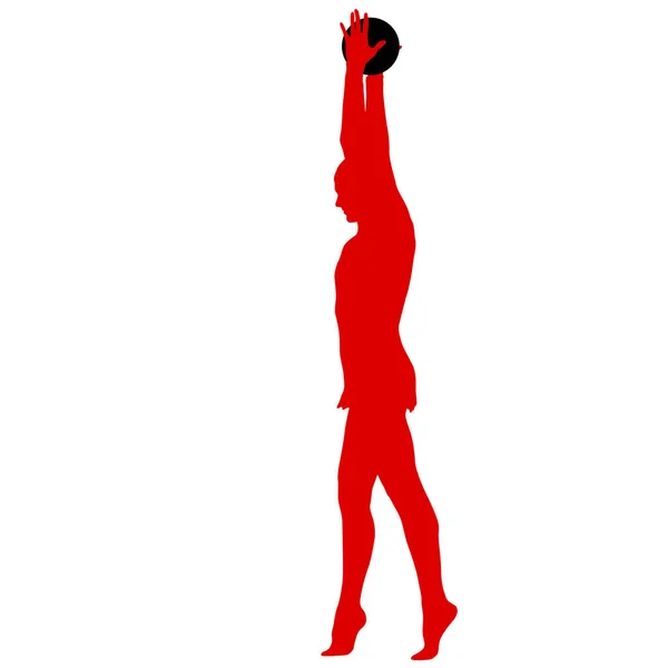 Silhueta menina ginasta com a bola no fundo branco —  Vetores de Stock