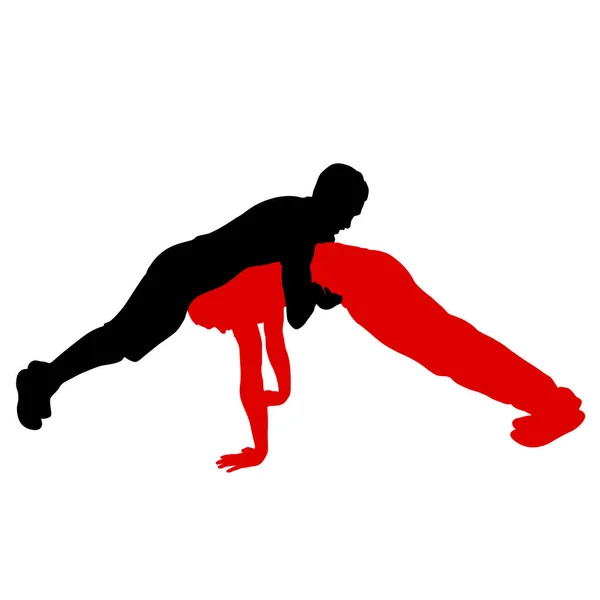 Due acrobati che fanno uno stand, silhouette su sfondo bianco — Vettoriale Stock