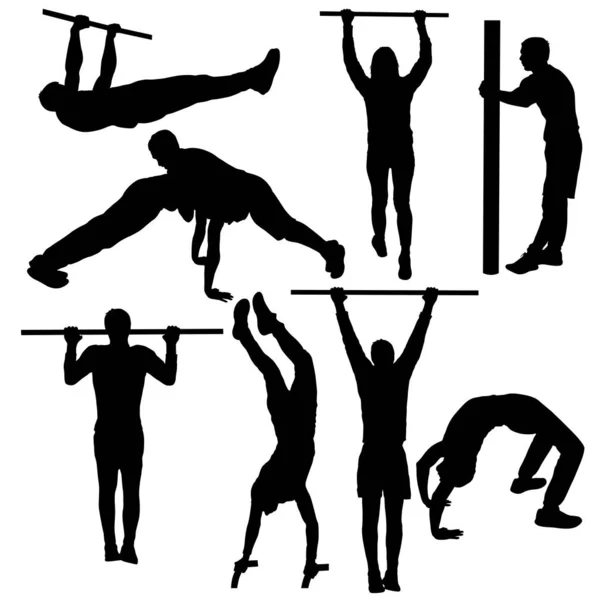 Set akrobat dalam sikap yang berbeda siluet pada latar belakang putih - Stok Vektor