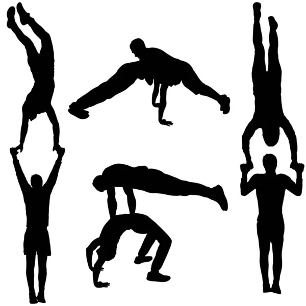 Set di acrobati in diverse posizioni silhouette su sfondo bianco — Vettoriale Stock