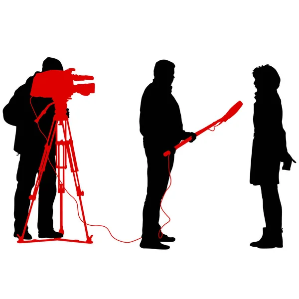 Silhouette operator removes journalist with microphone on a white background — Stock Vector