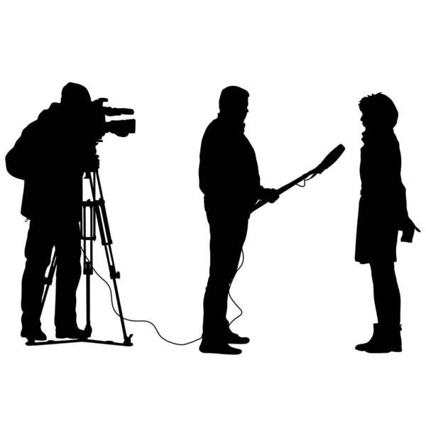 Silhouette operator removes journalist with microphone on a white background — Stock Vector