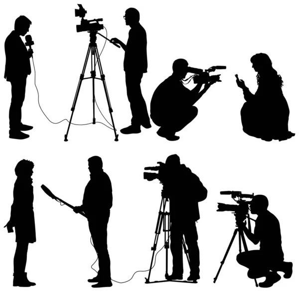Set de camarógrafo con cámara de vídeo. Siluetas sobre fondo blanco — Vector de stock