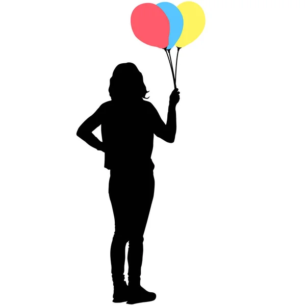 Silhouette of a girl with balloons in hand on a white background — Stock Vector