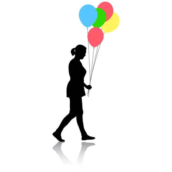 Silhouette of a girl with balloons in hand on a white background — Stock Vector