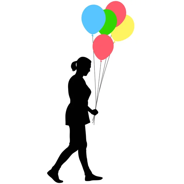 Silhouette of a girl with balloons in hand on a white background — Stock Vector