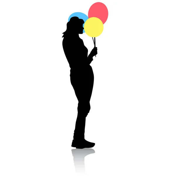 Silhueta de uma menina com balões na mão em um fundo branco —  Vetores de Stock