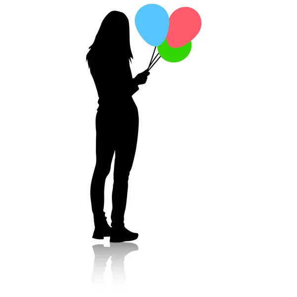 Sylwetka dziewczyny z balonami w ręku na białym tle — Wektor stockowy