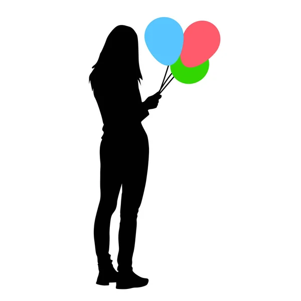 Silhouette di una ragazza con palloncini in mano su uno sfondo bianco — Vettoriale Stock