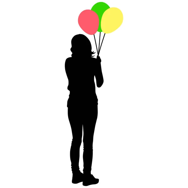 Silhouette di una ragazza con palloncini in mano su uno sfondo bianco — Vettoriale Stock