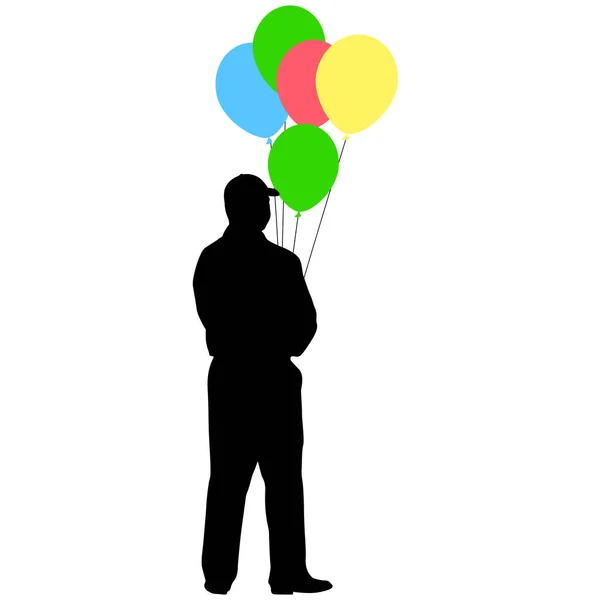 Silhouette of a men with balloons in hand on a white background — Stock Vector