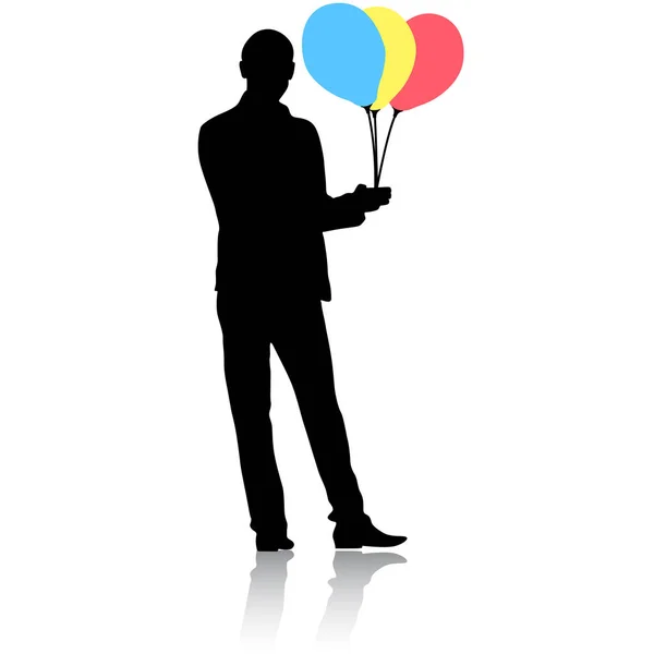 Silhuett av en män med ballonger i handen på en vit bakgrund — Stock vektor