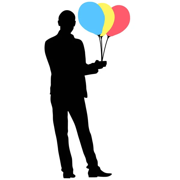 Silueta de un hombre con globos en la mano sobre un fondo blanco — Vector de stock