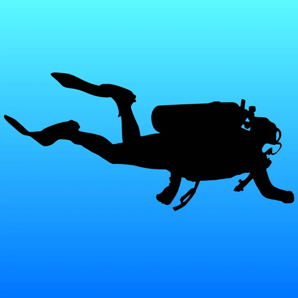 Black silhouette scuba divers on blue background — Stock Vector